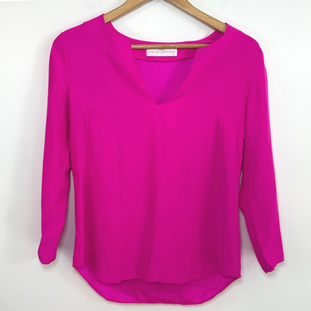 Amanda Uprichard 100% Silk Blouse Hot Pink V-Neck Barbiecore Dopamine Dressing S